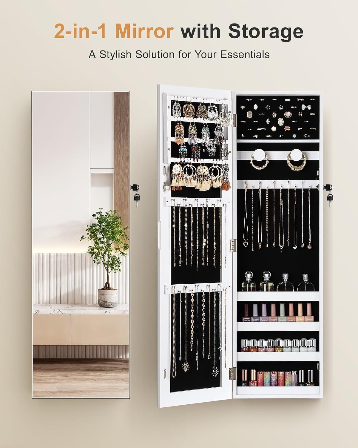 Jewelry Cabinet Armoire, Hanging Jewelry Organizers and Storage, Lockable Jewelry Cabinet with Full-Length Mirror, Wall or Door Mount Jewelry Mirror Cabinet, Shelves, Polishing Cloth
