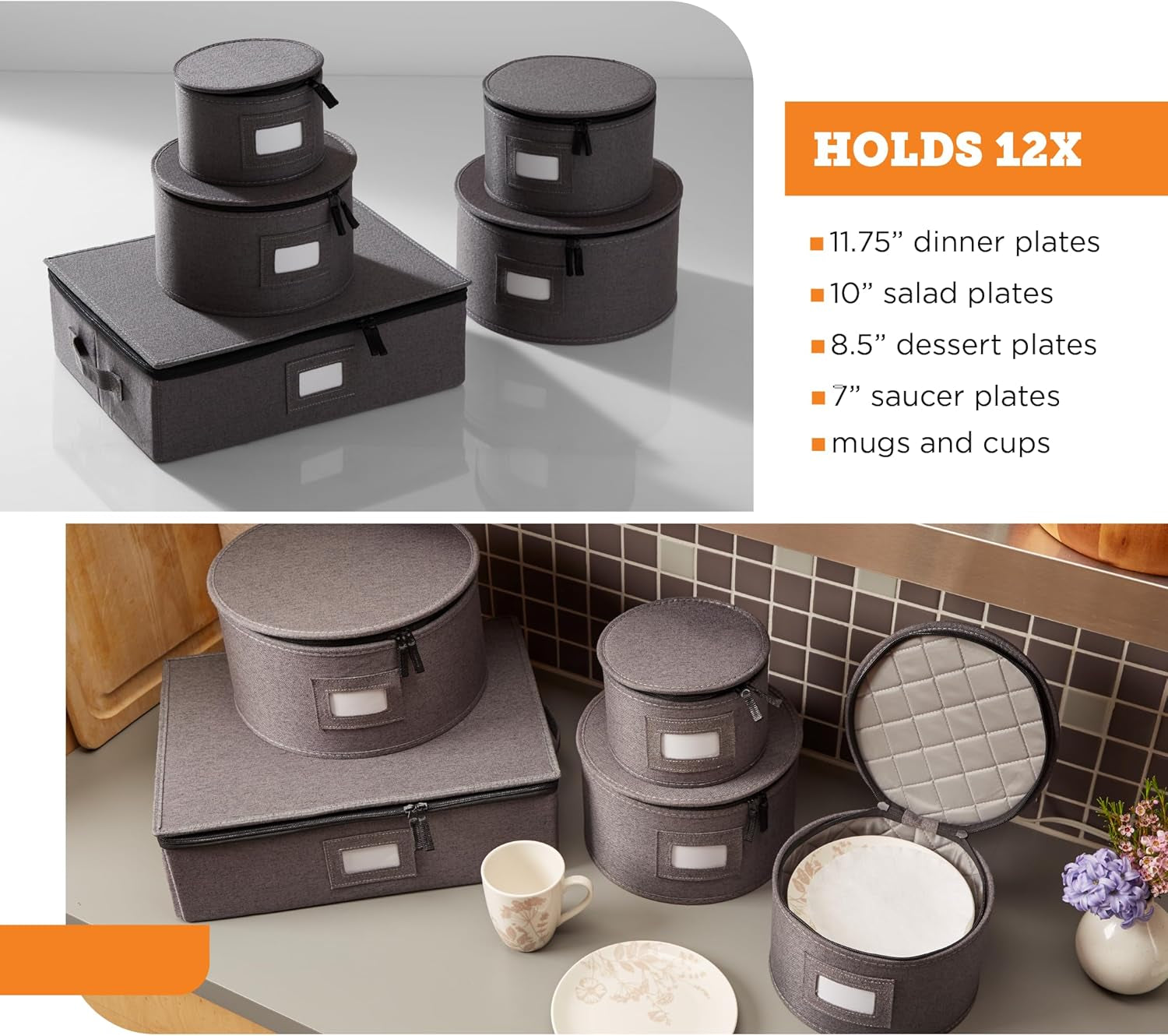5-Piece China Storage Set | Plates & Mugs | Woven Linen | Gray