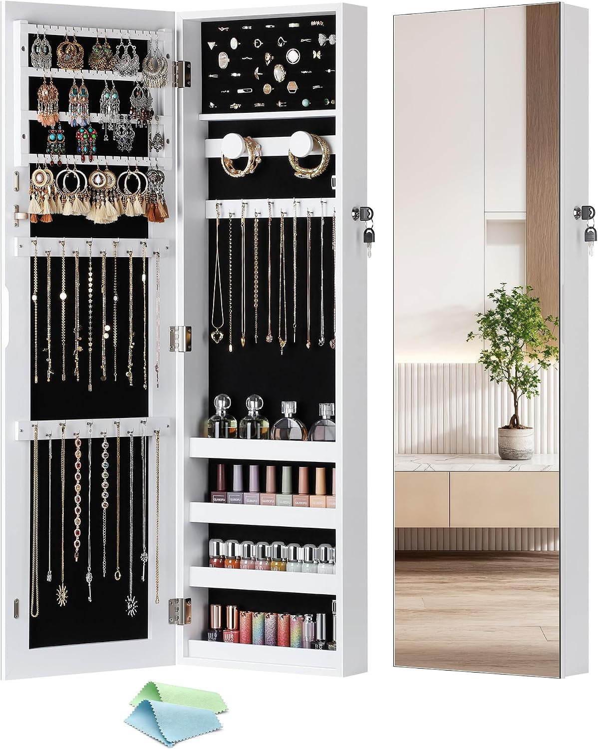 Jewelry Cabinet Armoire, Hanging Jewelry Organizers and Storage, Lockable Jewelry Cabinet with Full-Length Mirror, Wall or Door Mount Jewelry Mirror Cabinet, Shelves, Polishing Cloth