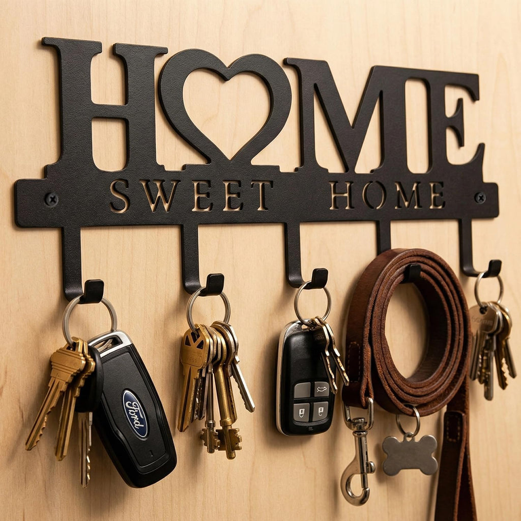 Entryway Key Holder Wall Mount with 5 Hooks, 13" Metal “Sweet Home” Key Rack Organizer for Wall, Decorative Key Hanger for Entryway, Hallway & Mudroom, Housewarming Gift, Black