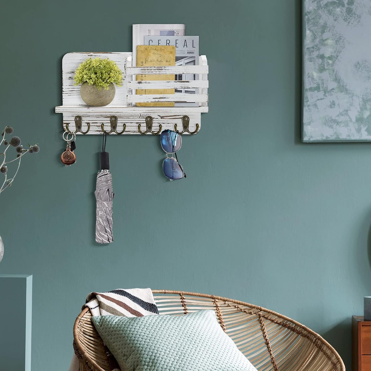 Key Holder for Wall Decorative, Mail Organizer Wall Mount, Mail Holder Wall Mount, Wall Hooks for Hanging, Key Rack Key Hooks for Wall, Key and Mail Holder for Wall (White)