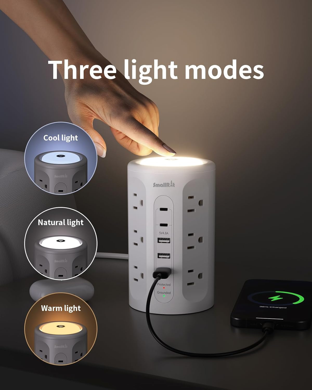 Power Strip with Night Light, Extension Cord with Multiple Outlets (12AC+3A+2C), 10 FT Desk Power Strip Tower Charging Station for Home, Office, College Dorm Essentials