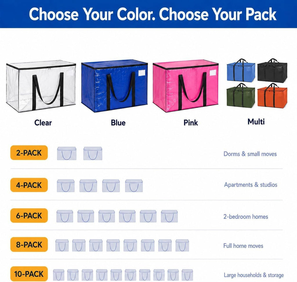 Heavy Duty Moving Bags - Water Resistant Storage Bags with Backpack Straps, Zippers and Handles - Large Moving Boxes for College Dorm, Travel, Closet Organization - 6 Pack, Clear