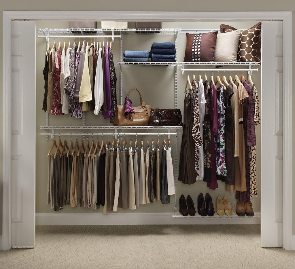 Closetmaid Shelftrack Wire Closet Organizer System, Adjustable from 5 to 8 Ft., with Shelves, Clothes Rods, Shoe Shelf, Hardware, Durable Steel, White