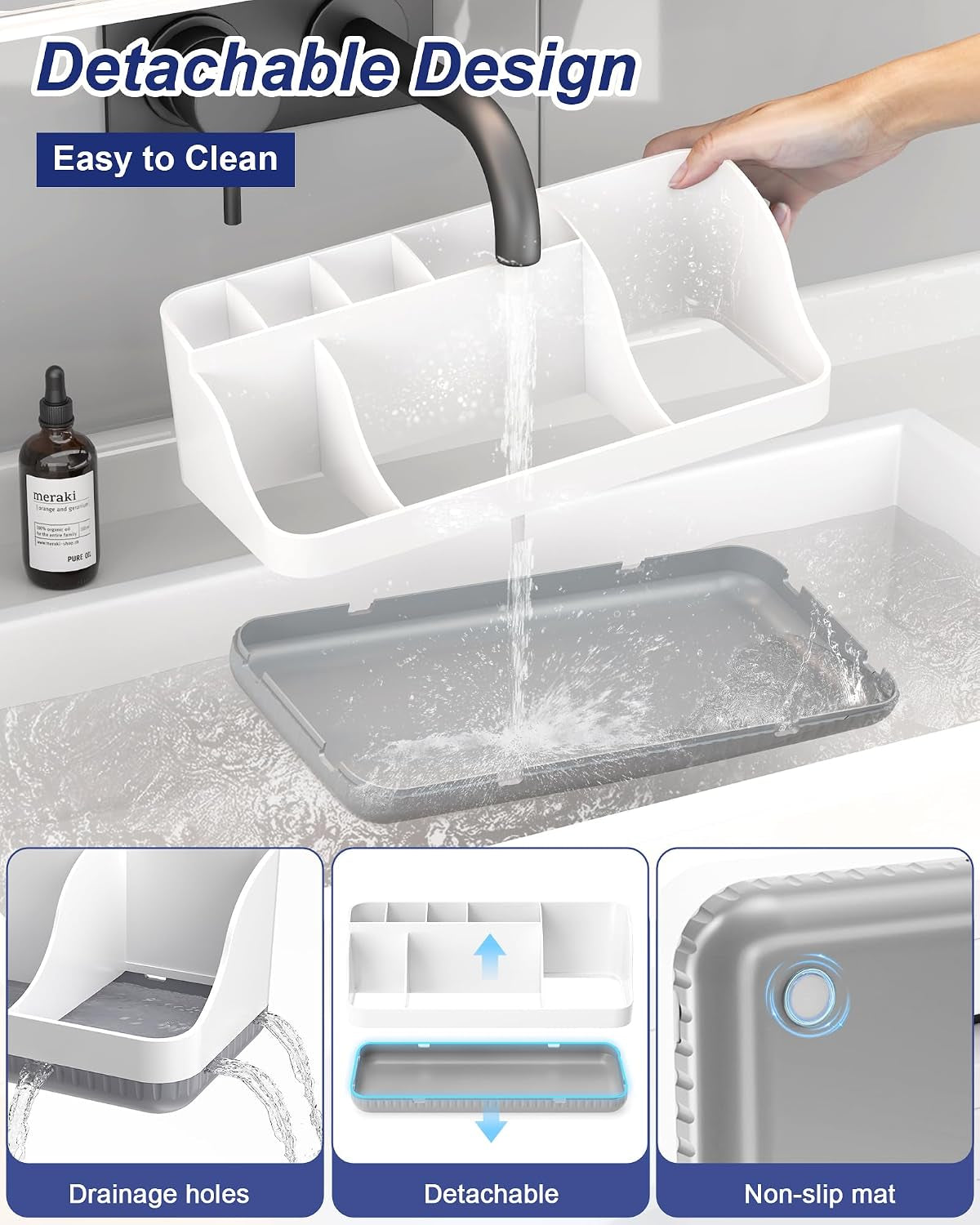 Bathroom Counter Organizer and Storage with 2 Pack Qtip Holder Dispenser, 7 Slots Detachable Toothbrush Holders for Bathrooms, Anti-Slip Electric Toothbrush and Toothpaste Holder Countertop