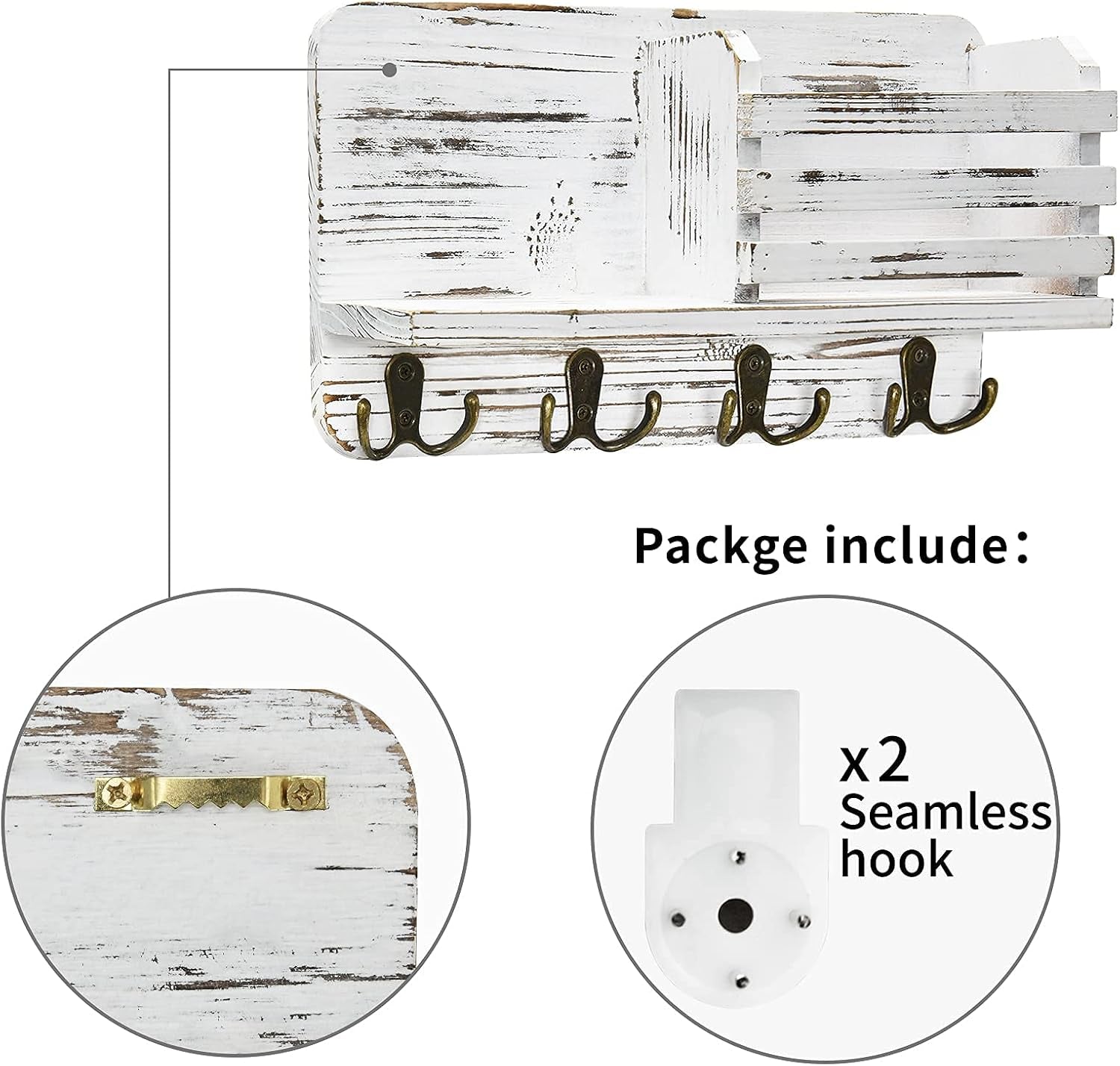 Key Holder for Wall Decorative, Mail Organizer Wall Mount, Mail Holder Wall Mount, Wall Hooks for Hanging, Key Rack Key Hooks for Wall, Key and Mail Holder for Wall (White)