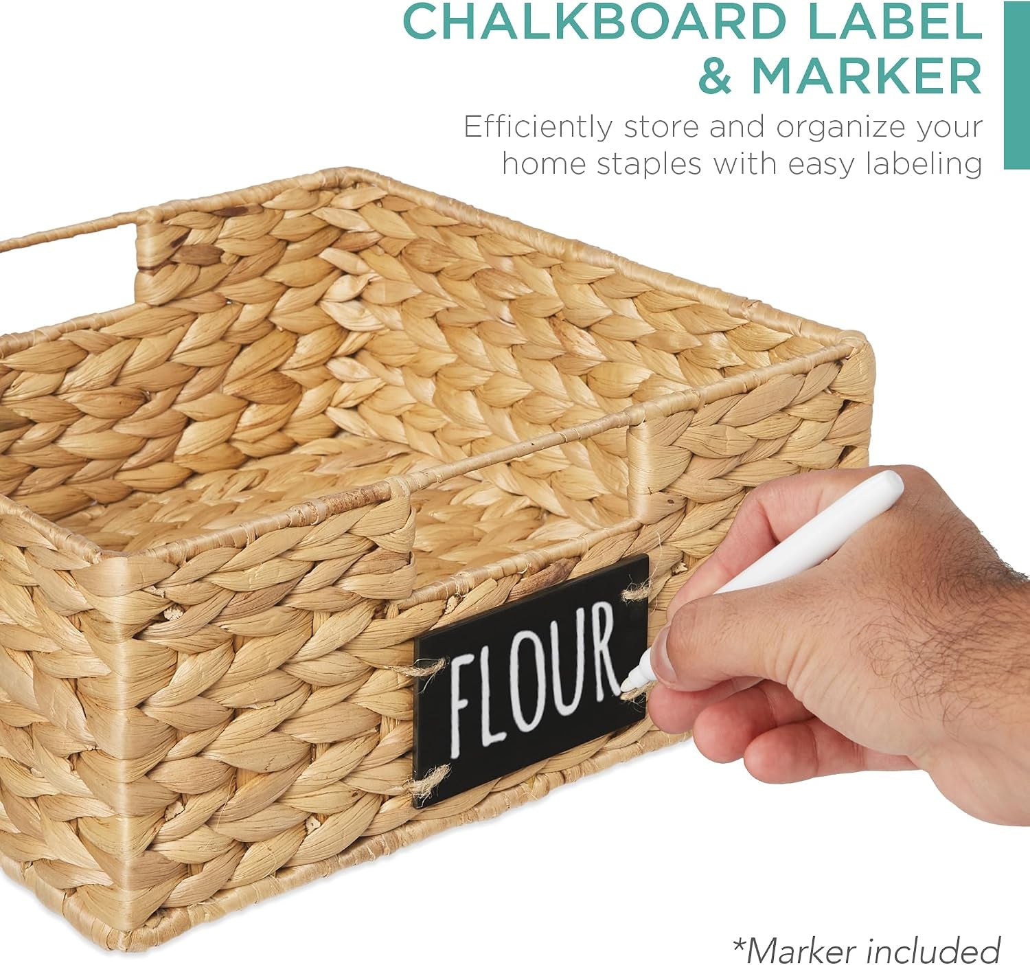 Set of 4 13X12In Water Hyacinth Pantry Baskets, Woven Organizers W/Chalkboard Label, Chalk Marker - Natural