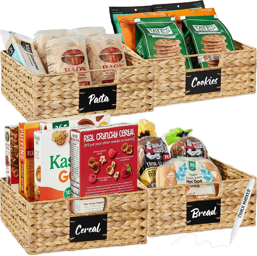 Set of 4 13X12In Water Hyacinth Pantry Baskets, Woven Organizers W/Chalkboard Label, Chalk Marker - Natural