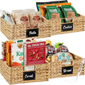 Set of 4 13X12In Water Hyacinth Pantry Baskets, Woven Organizers W/Chalkboard Label, Chalk Marker - Natural