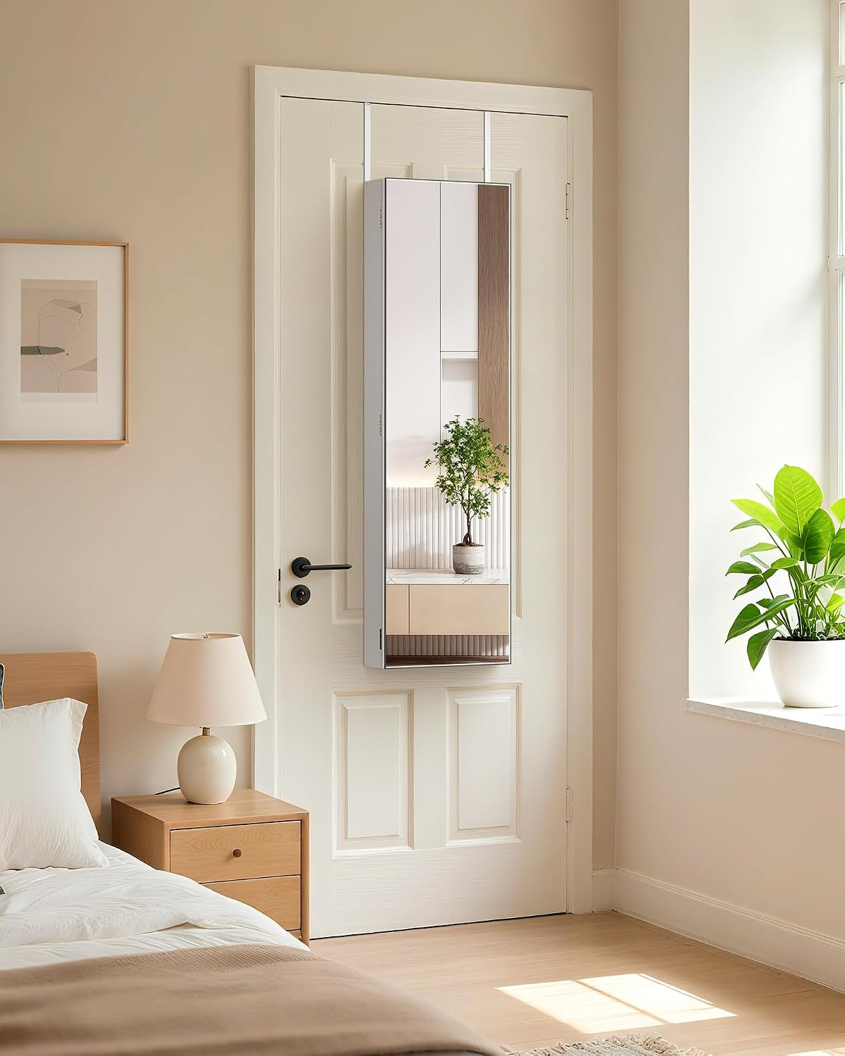 Jewelry Cabinet Armoire, Hanging Jewelry Organizers and Storage, Lockable Jewelry Cabinet with Full-Length Mirror, Wall or Door Mount Jewelry Mirror Cabinet, Shelves, Polishing Cloth