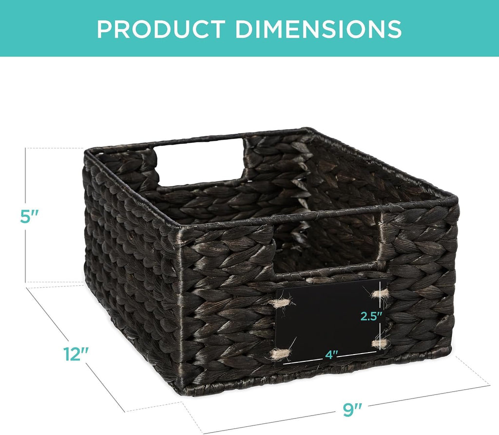 Set of 4 9X12In Water Hyacinth Pantry Baskets, Woven Organizers W/Chalkboard Label, Chalk Marker - Black