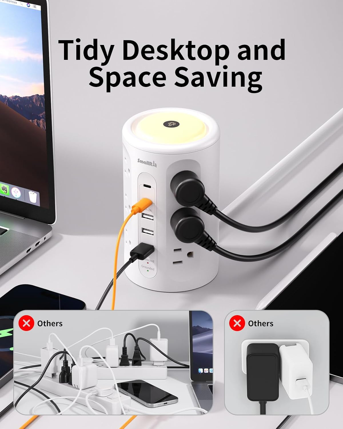 Power Strip with Night Light, Extension Cord with Multiple Outlets (12AC+3A+2C), 10 FT Desk Power Strip Tower Charging Station for Home, Office, College Dorm Essentials