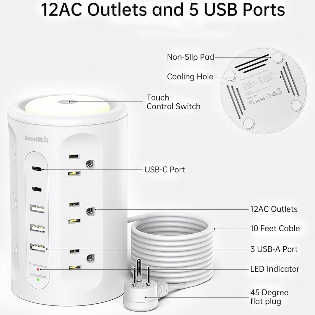 Power Strip with Night Light, Extension Cord with Multiple Outlets (12AC+3A+2C), 10 FT Desk Power Strip Tower Charging Station for Home, Office, College Dorm Essentials