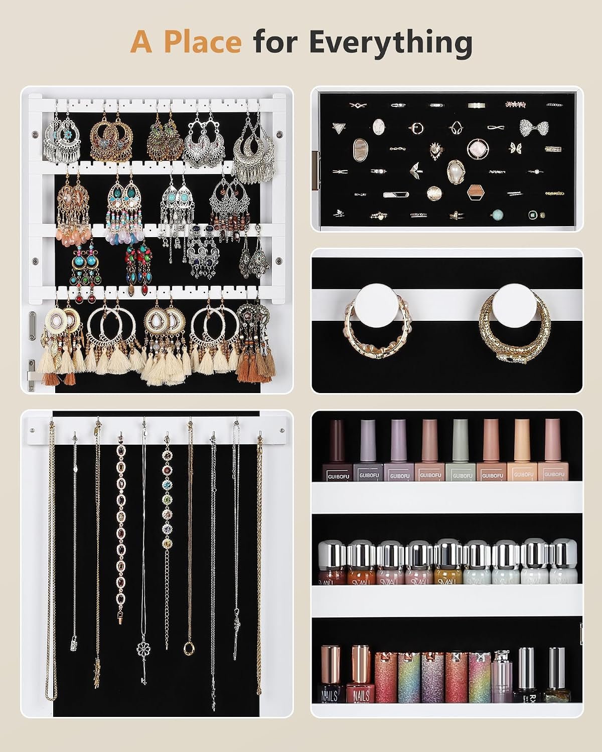 Jewelry Cabinet Armoire, Hanging Jewelry Organizers and Storage, Lockable Jewelry Cabinet with Full-Length Mirror, Wall or Door Mount Jewelry Mirror Cabinet, Shelves, Polishing Cloth