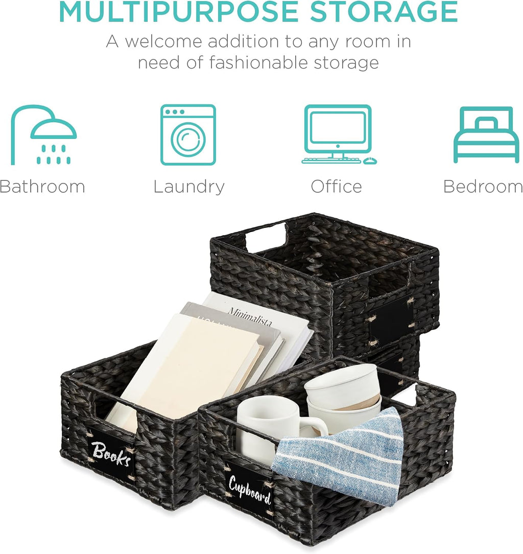 Set of 4 9X12In Water Hyacinth Pantry Baskets, Woven Organizers W/Chalkboard Label, Chalk Marker - Black
