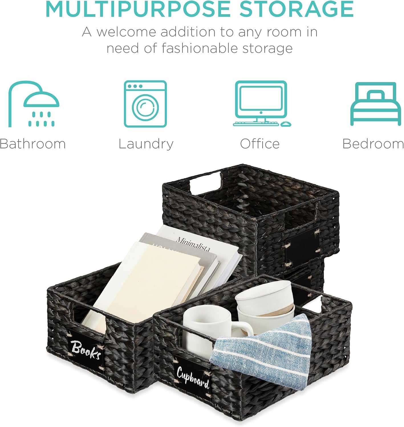 Set of 4 9X12In Water Hyacinth Pantry Baskets, Woven Organizers W/Chalkboard Label, Chalk Marker - Black