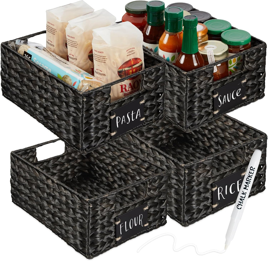 Set of 4 9X12In Water Hyacinth Pantry Baskets, Woven Organizers W/Chalkboard Label, Chalk Marker - Black