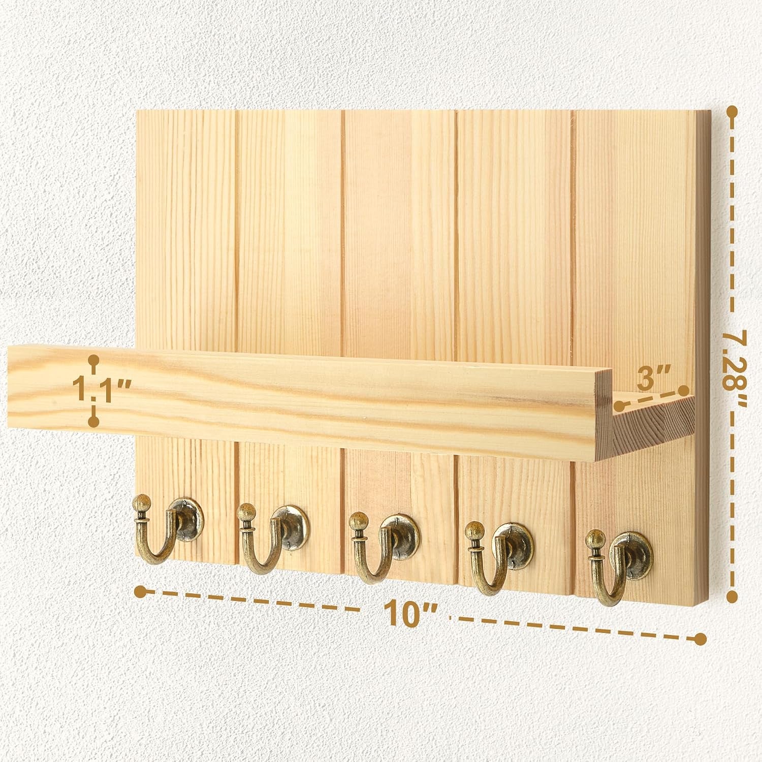 Key Holder Wall Mount with 5 Hooks for Entryway, Original Wood