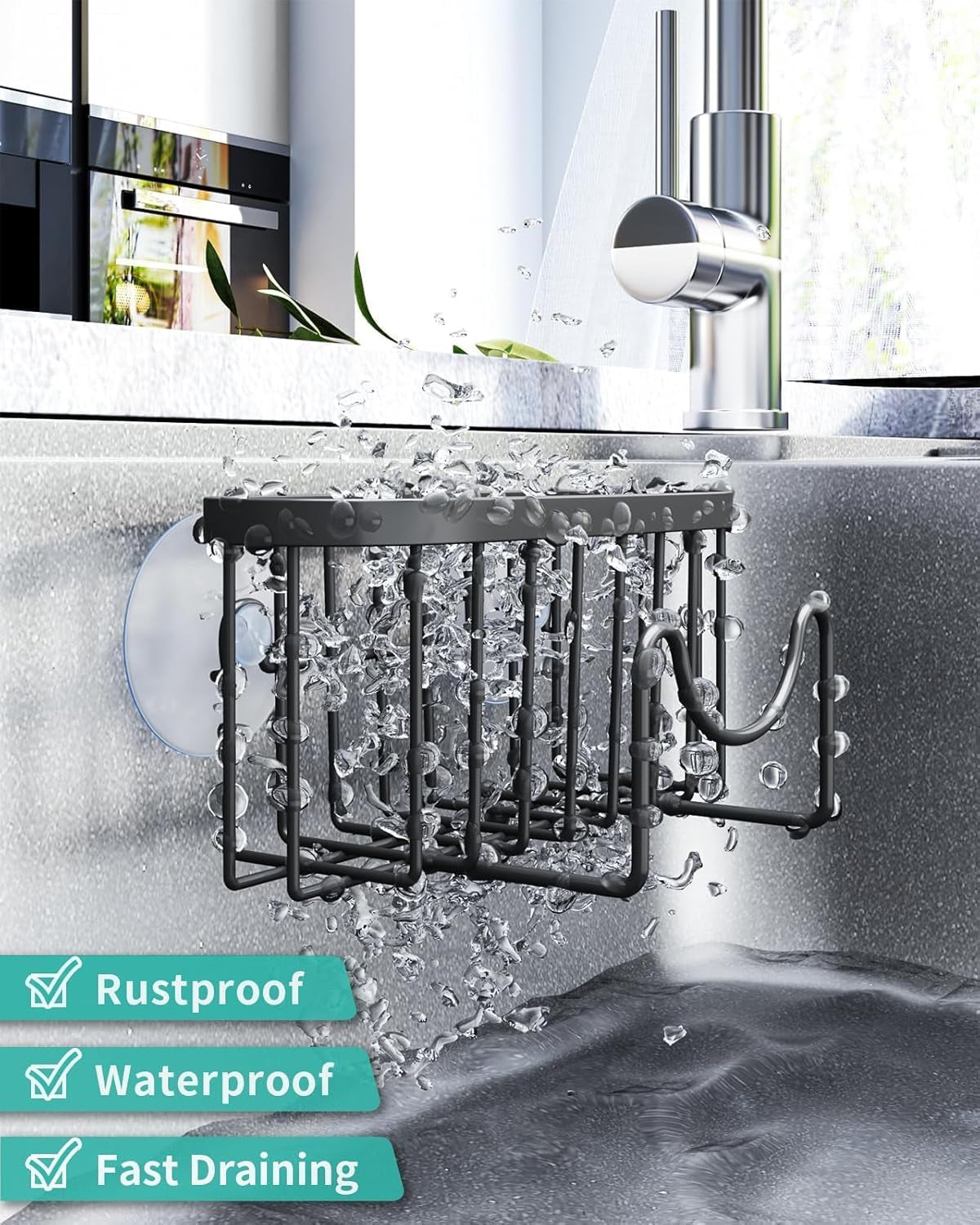 Multifunctional Sponge Holder with Unique M-Shaped, 2 Installation Methods Kitchen Sink Caddy Organizer, Rustproof Stainless Steel Kitchen Organizers and Storage Essentials - Black
