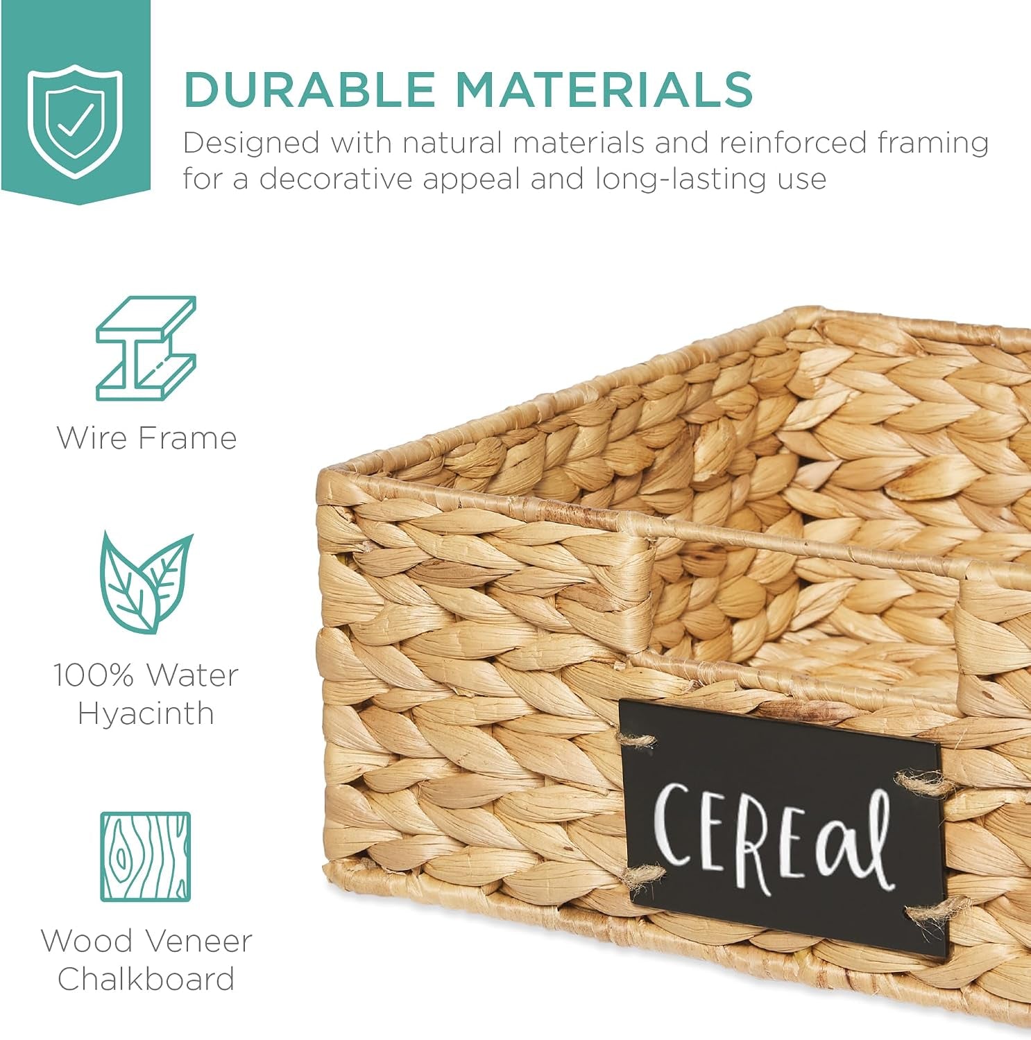 Set of 4 13X12In Water Hyacinth Pantry Baskets, Woven Organizers W/Chalkboard Label, Chalk Marker - Natural