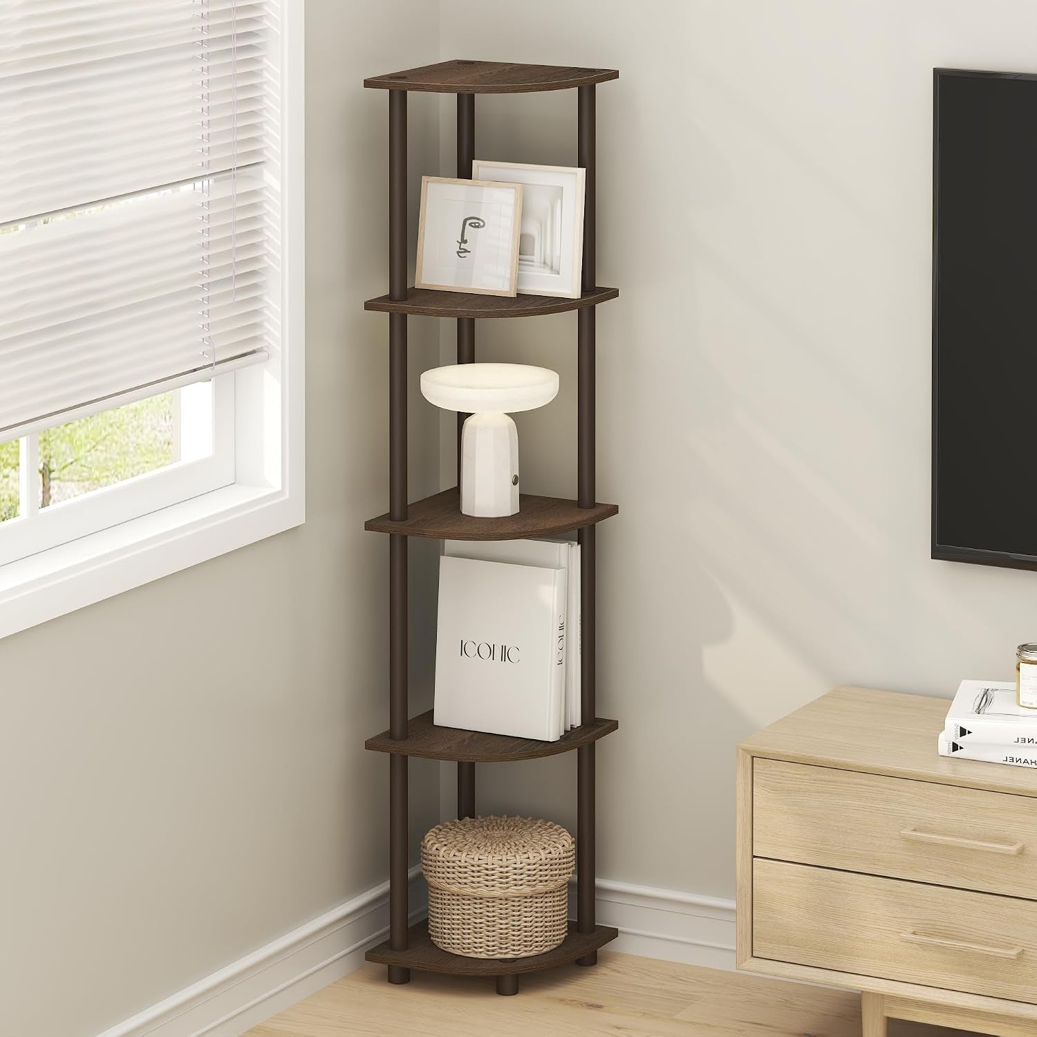 Turn-N-Tube Corner Shelf, 5-Tier Corner Bookshelf, Open Storage Shelves, for Organization and Storage, Living Room, Home Office, Garage, Bedroom, Black Walnut