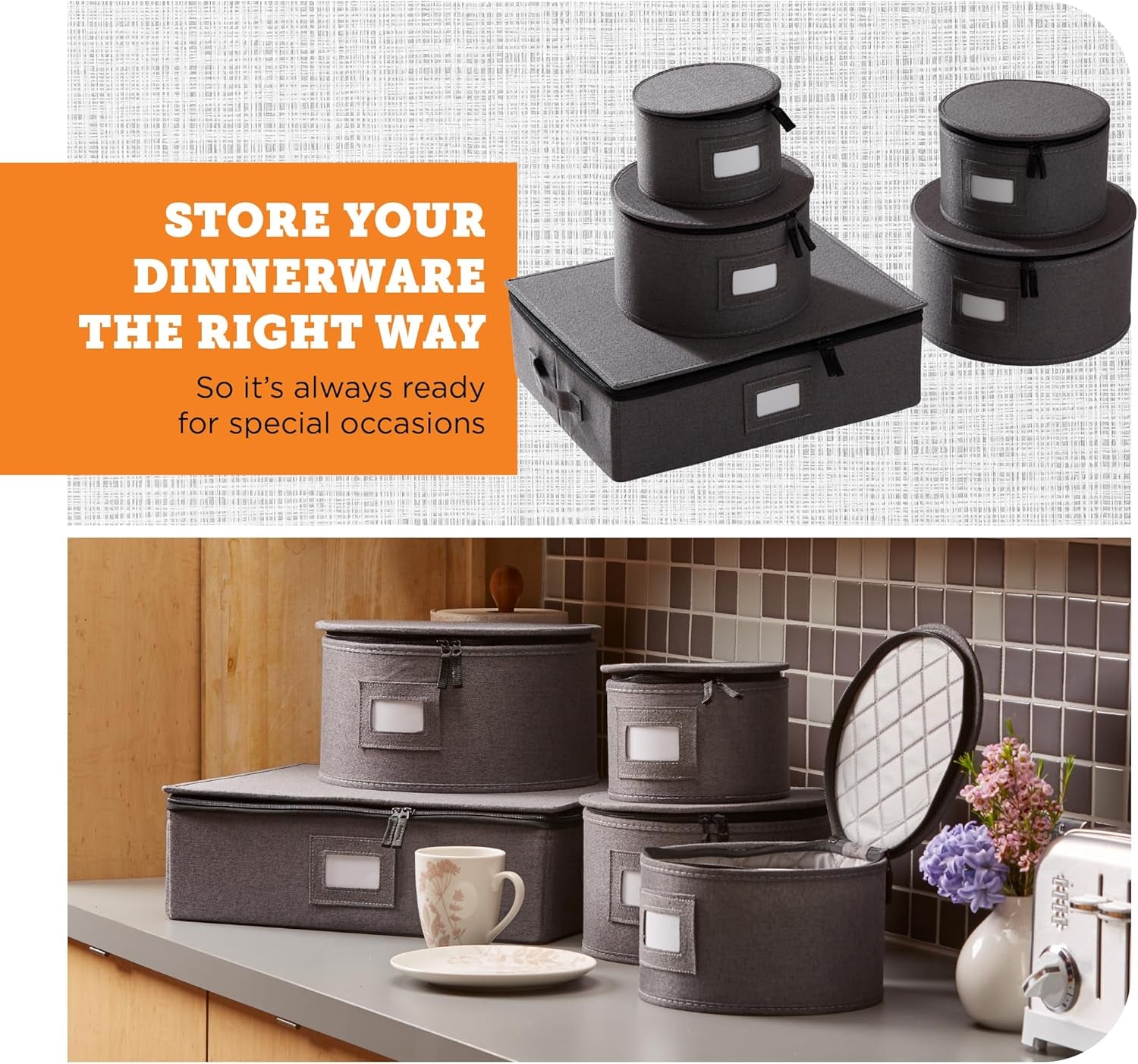 5-Piece China Storage Set | Plates & Mugs | Woven Linen | Gray
