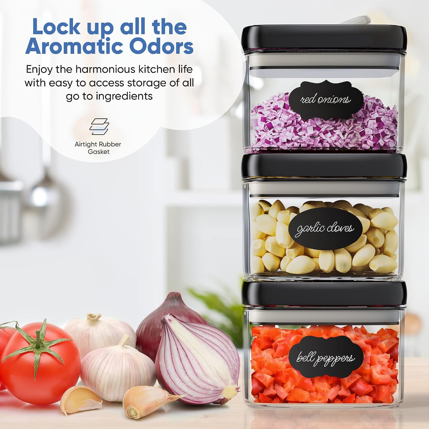 Airtight Food Storage Containers with Improved Lids, Set of 6, 1L Kitchen and Pantry Canisters for Coffee, Spices, and Dry Food, Includes Labels and Marker - Transparent, All Same Size