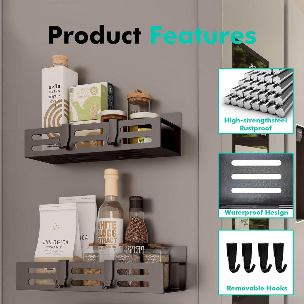 2 Pack Magnetic Spice Rack for Refrigerator, Black Magnetic Shelf and Fridge Kitchen Cabinet Organizers Storage Seasoning Organization Mini Shelves, Organizadores De Cocina