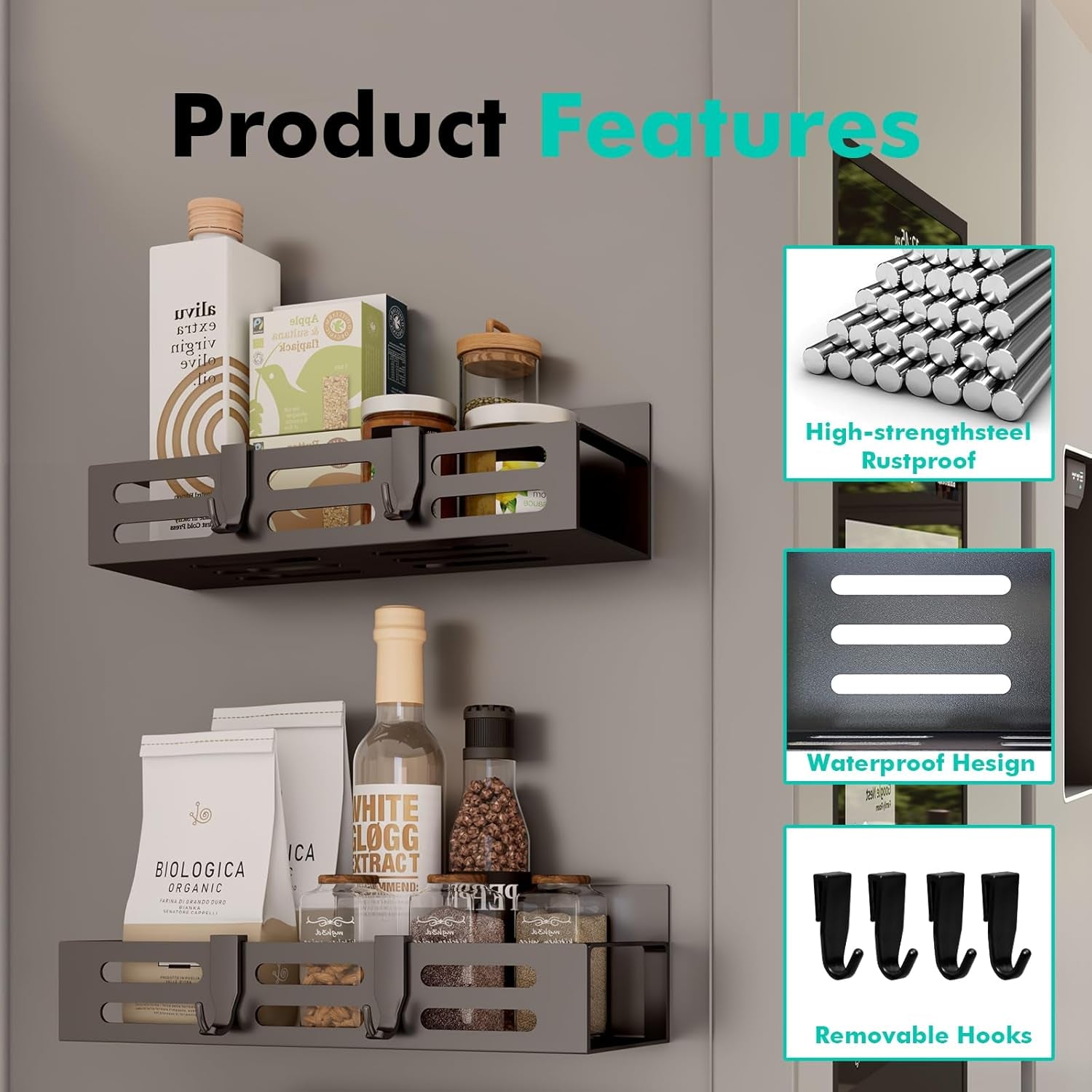 2 Pack Magnetic Spice Rack for Refrigerator, Black Magnetic Shelf and Fridge Kitchen Cabinet Organizers Storage Seasoning Organization Mini Shelves, Organizadores De Cocina