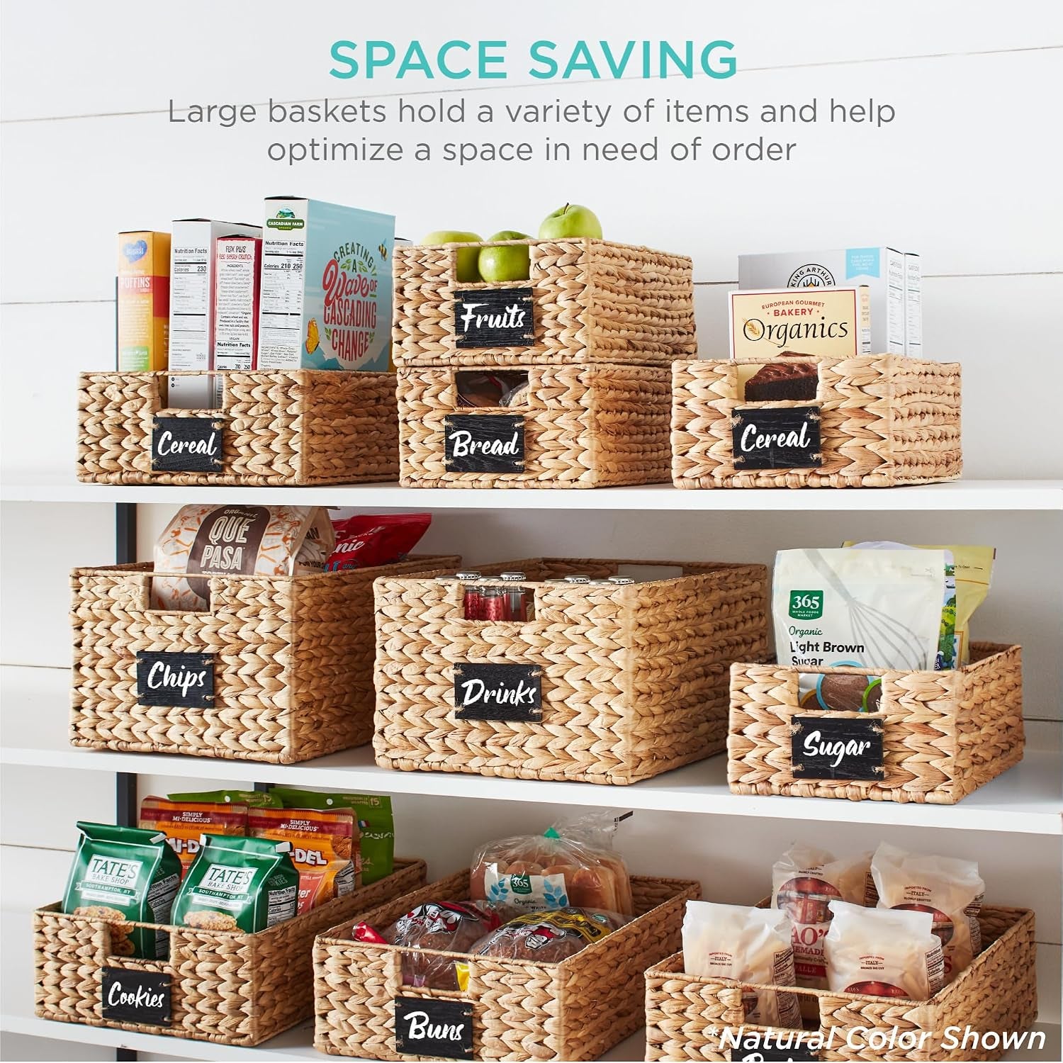 Set of 4 9X12In Water Hyacinth Pantry Baskets, Woven Organizers W/Chalkboard Label, Chalk Marker - Black