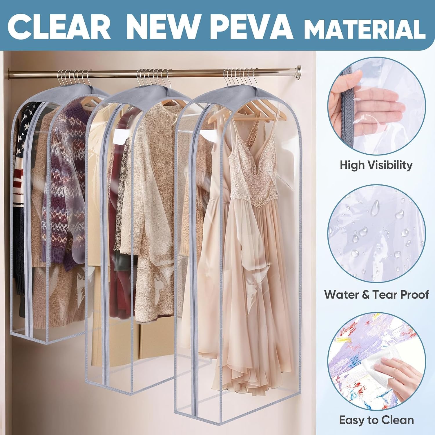 1PK Clear Garment Bags for Hanging Clothes, 60" Dress Suit Bag