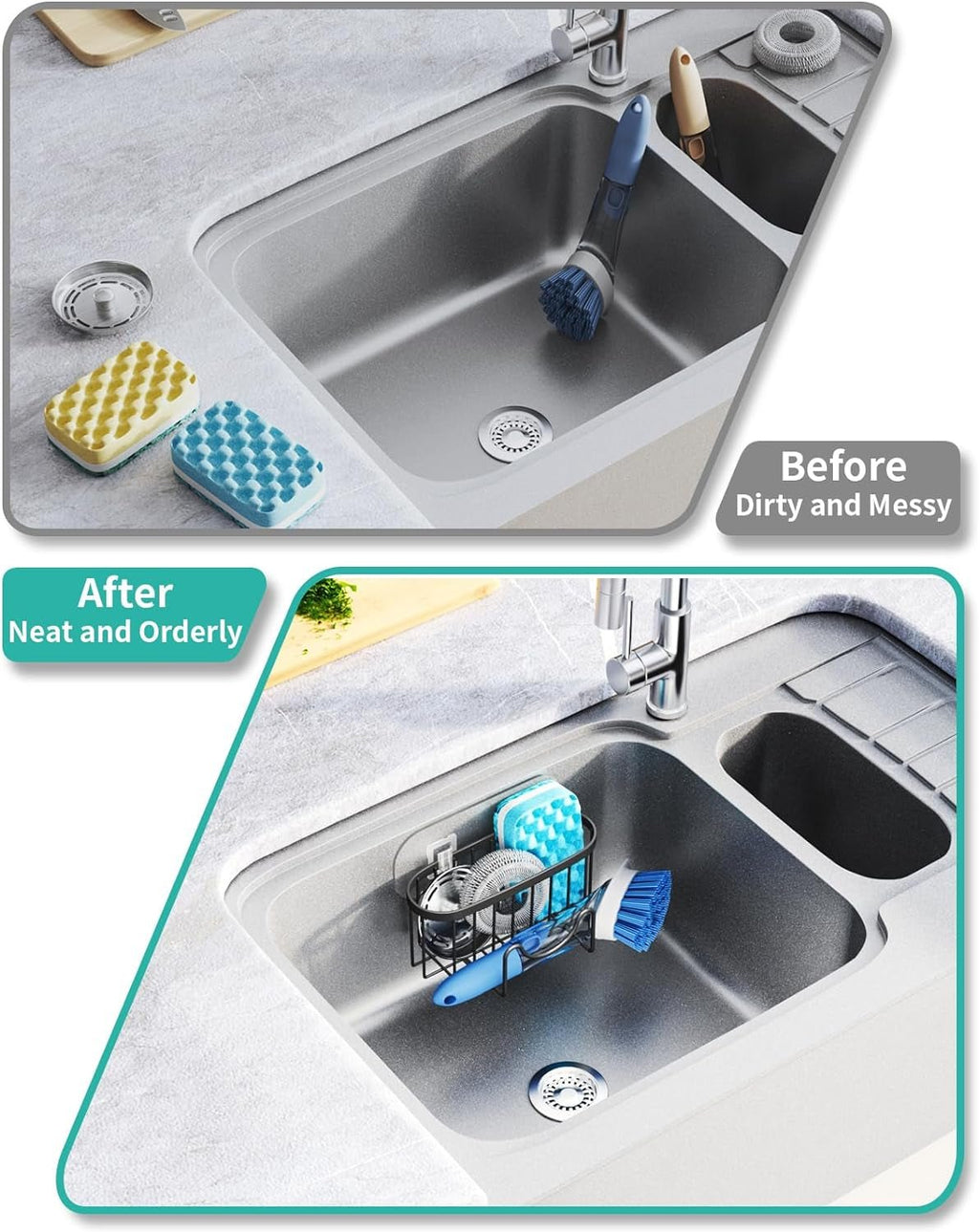 Multifunctional Sponge Holder with Unique M-Shaped, 2 Installation Methods Kitchen Sink Caddy Organizer, Rustproof Stainless Steel Kitchen Organizers and Storage Essentials - Black