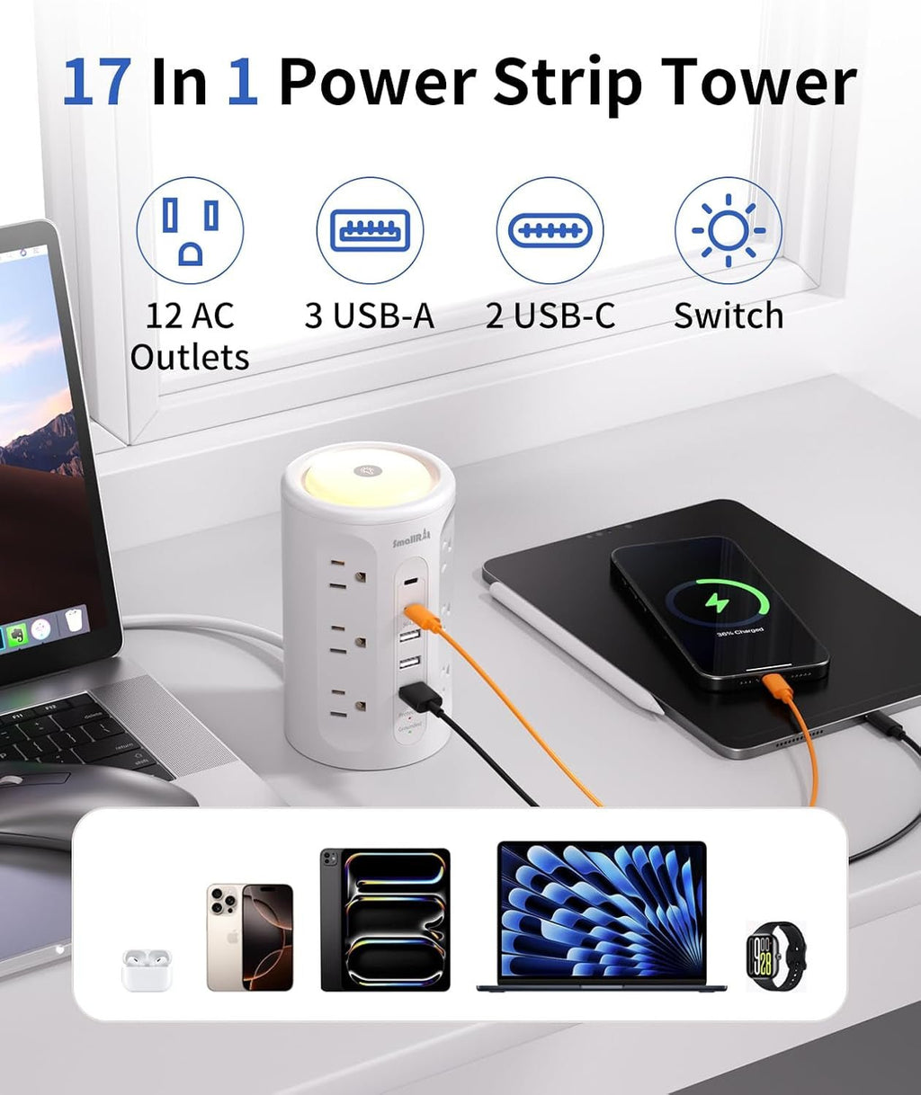 Power Strip with Night Light, Extension Cord with Multiple Outlets (12AC+3A+2C), 10 FT Desk Power Strip Tower Charging Station for Home, Office, College Dorm Essentials