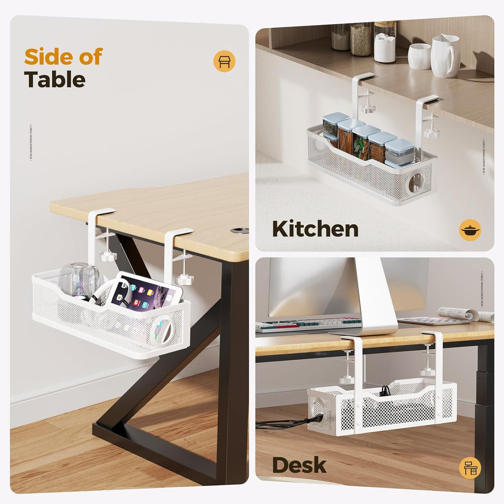 2 Pack under Desk Cable Management Box White,  26.8" Wire Organizers No Drill, Cord Organization Tray with Clamp for Office, Home - No Damage to Desk