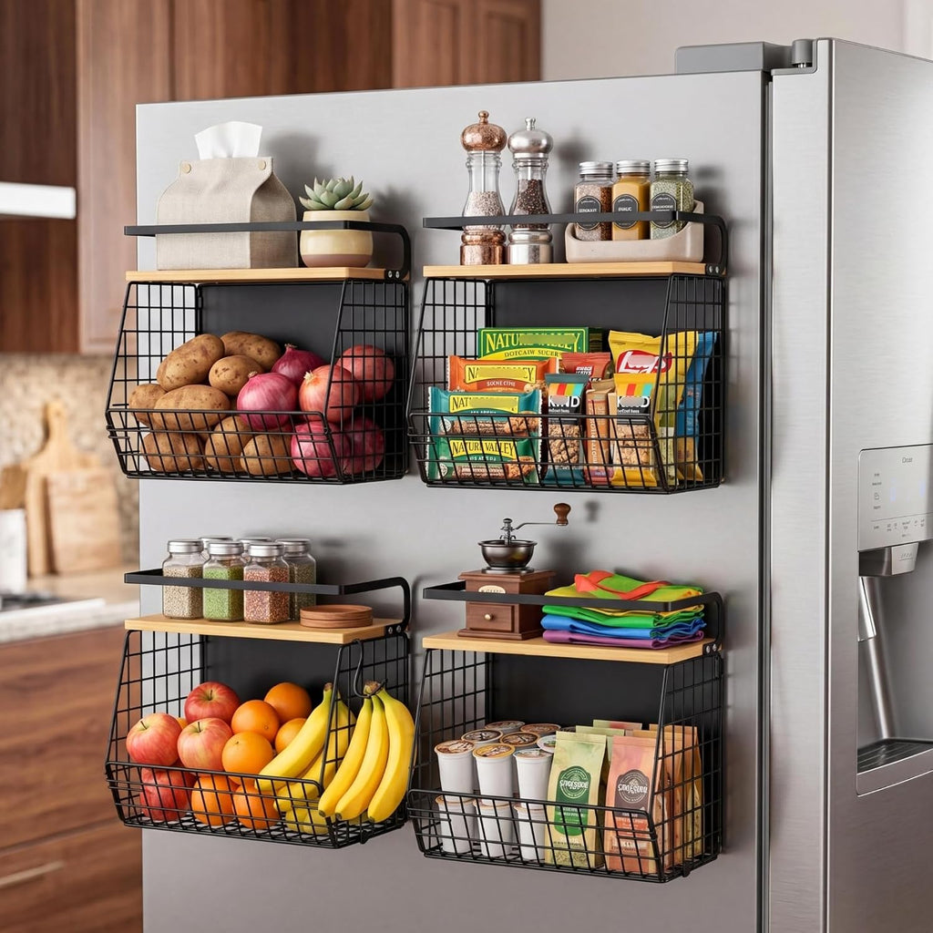 2 Set Magnetic Shelf for Refrigerator with Wood Lid, Fruit Potato & Onion Storage Bins, Pantry Organizers & Storage, Large Container Magnetic Spice Rack for Refrigerator, Kitchen Counter, Cabinet