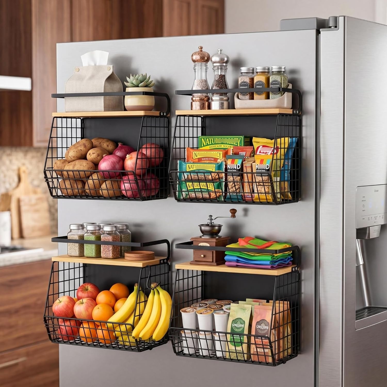 2 Set Magnetic Shelf for Refrigerator with Wood Lid, Fruit Potato & Onion Storage Bins, Pantry Organizers & Storage, Large Container Magnetic Spice Rack for Refrigerator, Kitchen Counter, Cabinet