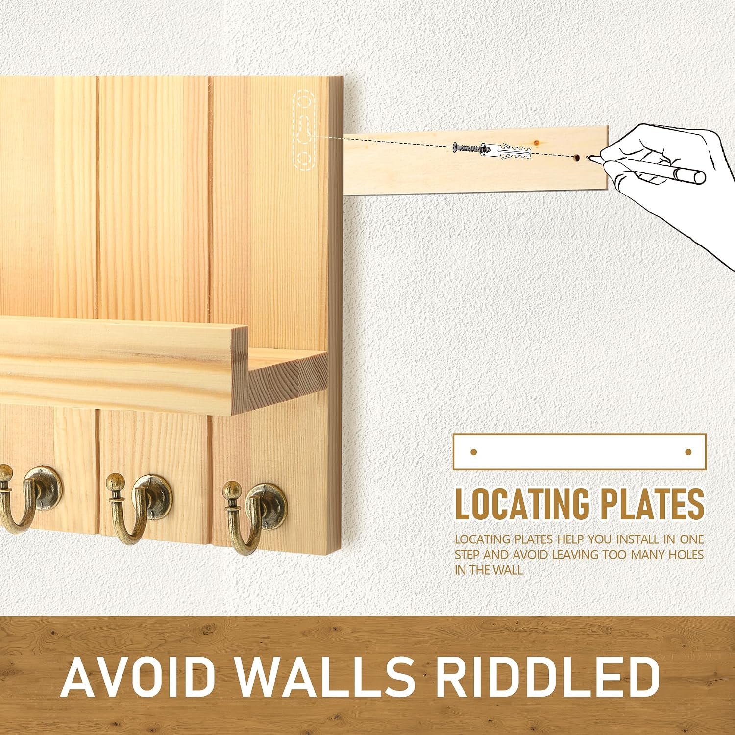 Key Holder Wall Mount with 5 Hooks for Entryway, Original Wood