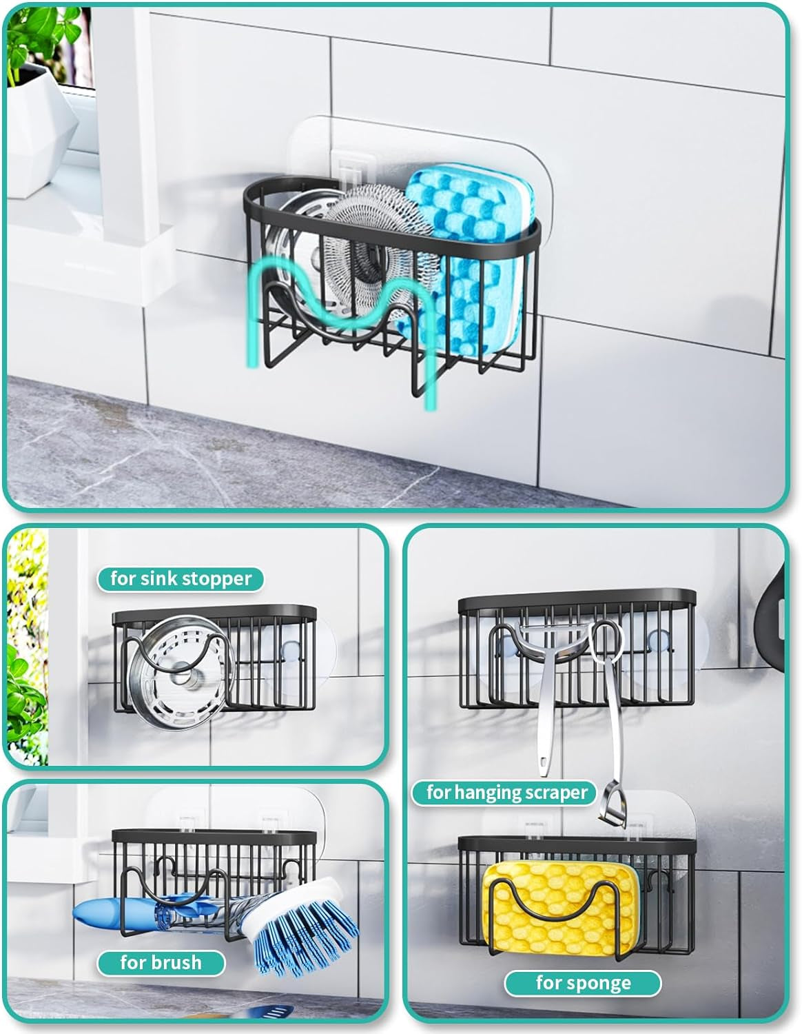 Multifunctional Sponge Holder with Unique M-Shaped, 2 Installation Methods Kitchen Sink Caddy Organizer, Rustproof Stainless Steel Kitchen Organizers and Storage Essentials - Black