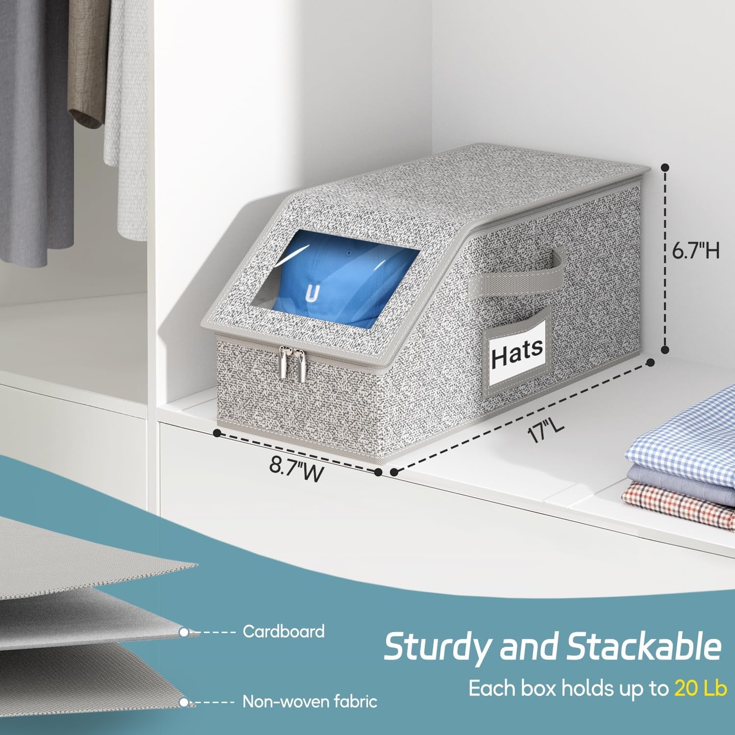 Stackable Hat Storage for Baseball Caps, Holds up to 12 Caps Hat Organizer for Closet, Sturdy Hat Boxes for Men with Cardboard, Grey