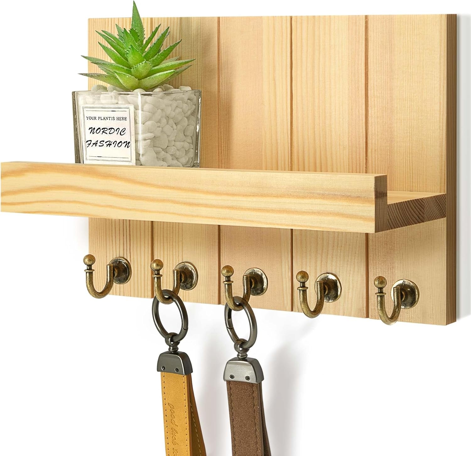 Key Holder Wall Mount with 5 Hooks for Entryway, Original Wood
