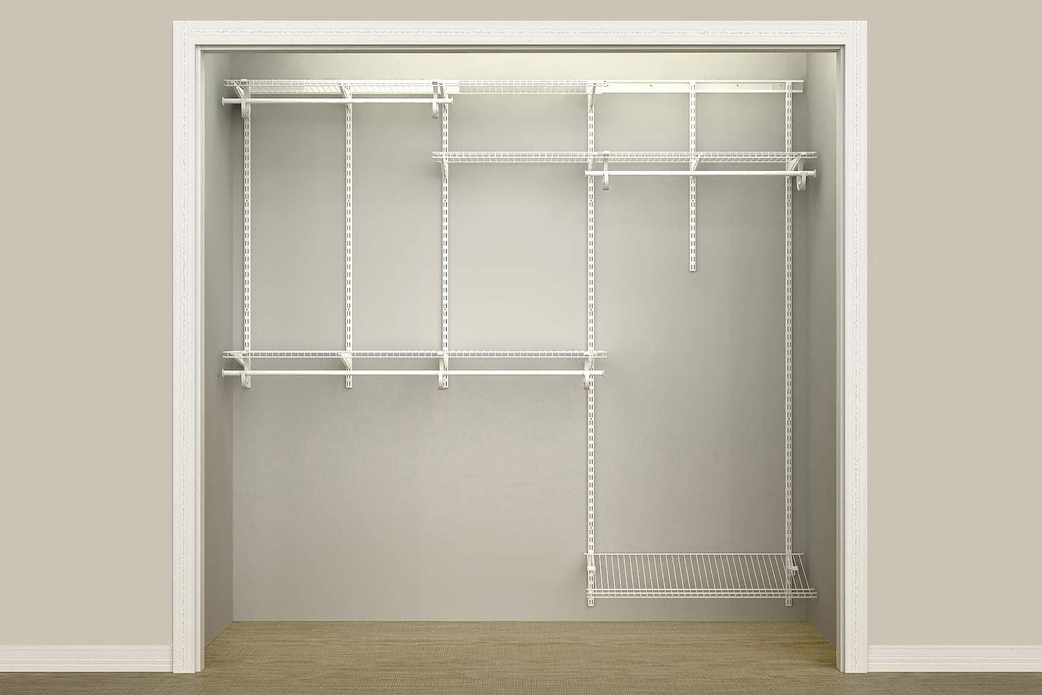Closetmaid Shelftrack Wire Closet Organizer System, Adjustable from 5 to 8 Ft., with Shelves, Clothes Rods, Shoe Shelf, Hardware, Durable Steel, White