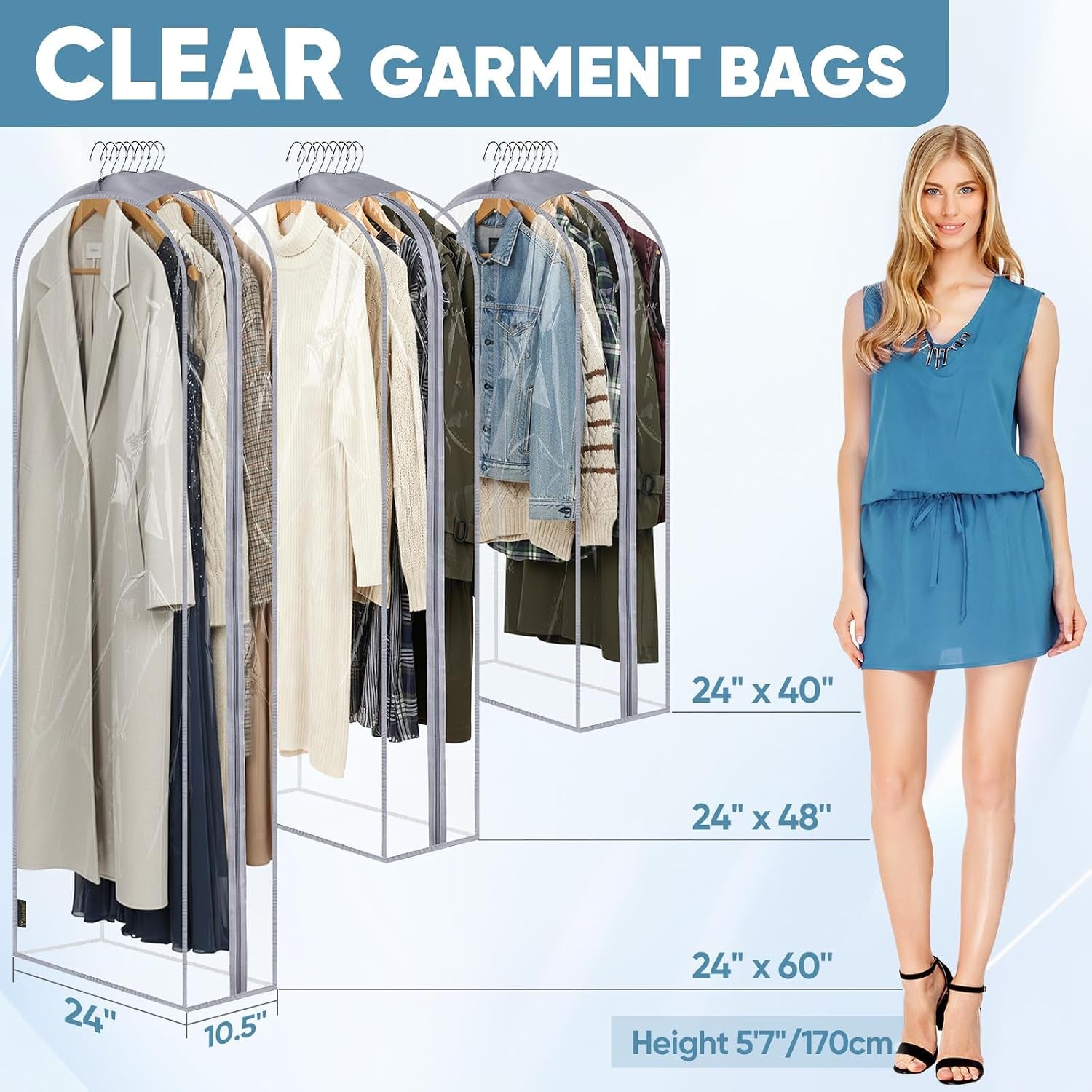 1PK Clear Garment Bags for Hanging Clothes, 60" Dress Suit Bag
