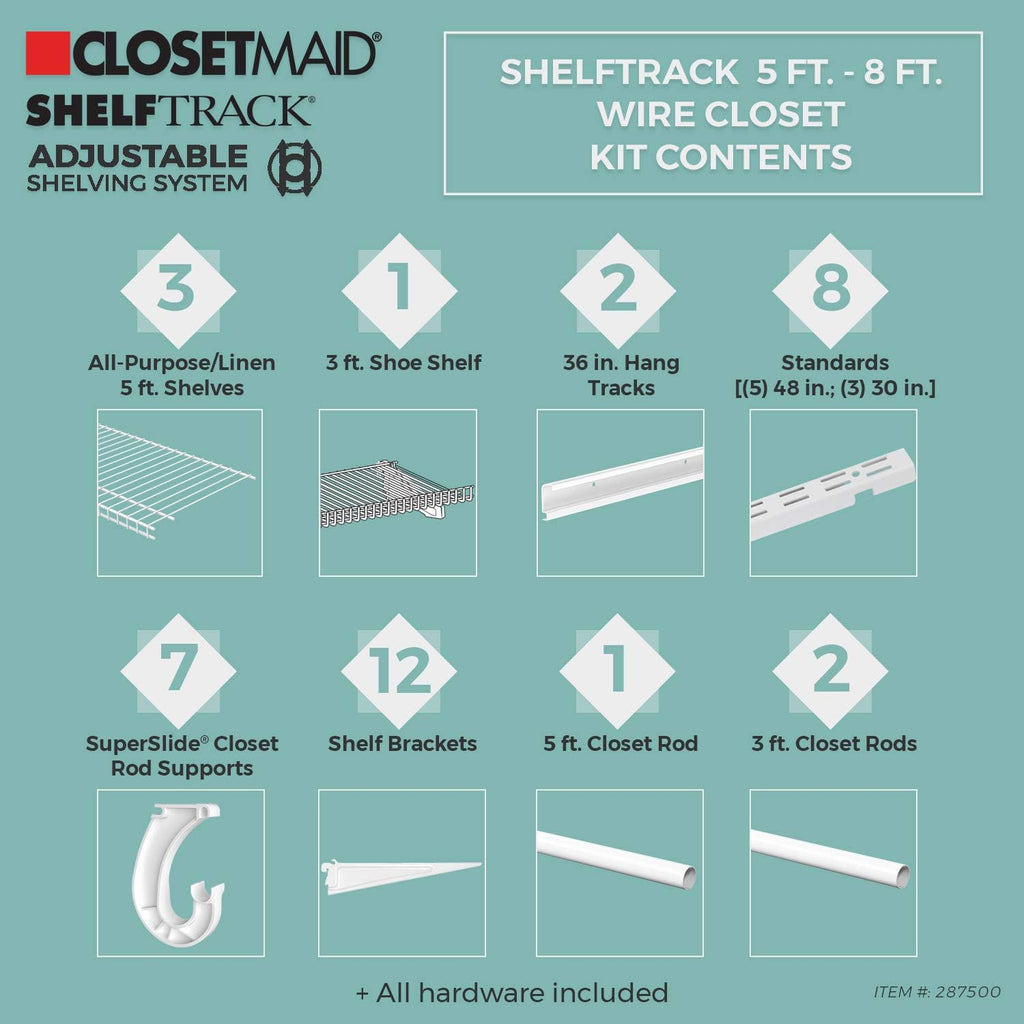 Closetmaid Shelftrack Wire Closet Organizer System, Adjustable from 5 to 8 Ft., with Shelves, Clothes Rods, Shoe Shelf, Hardware, Durable Steel, White