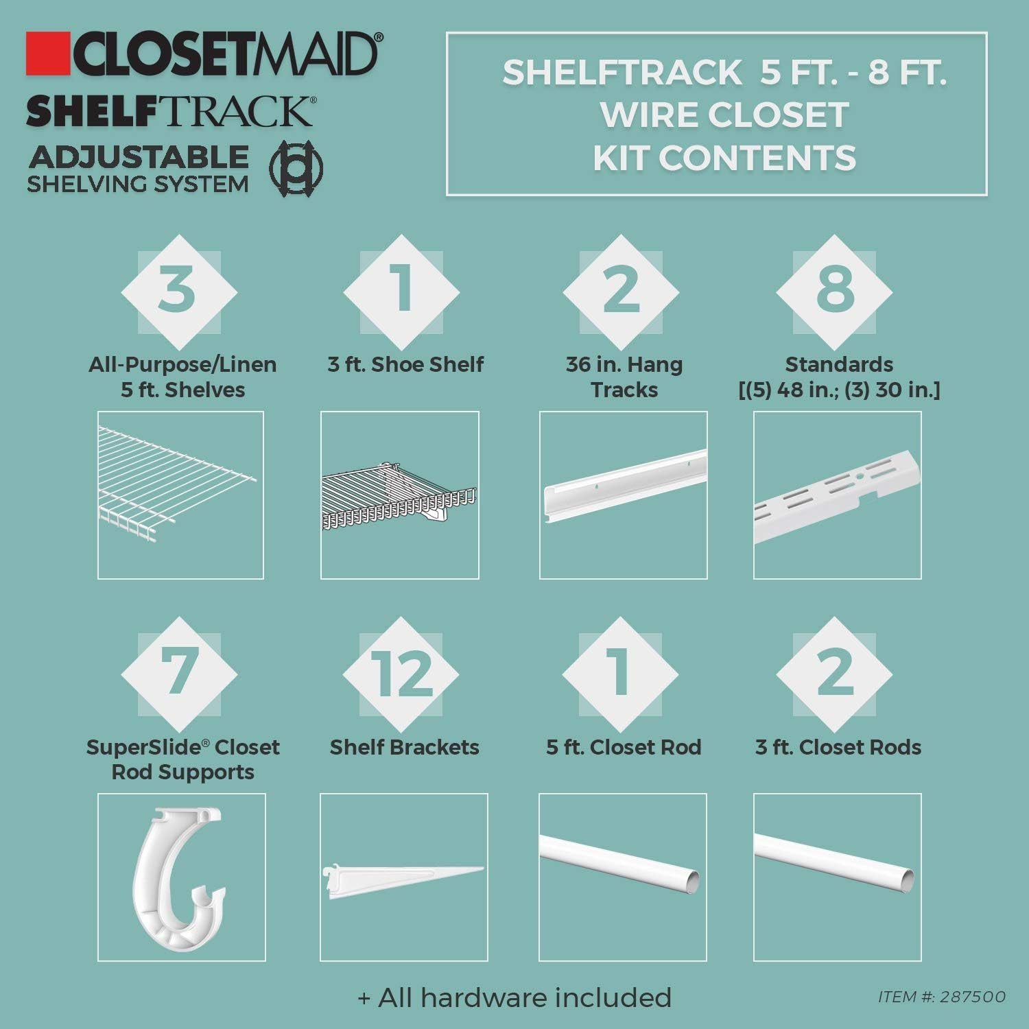 Closetmaid Shelftrack Wire Closet Organizer System, Adjustable from 5 to 8 Ft., with Shelves, Clothes Rods, Shoe Shelf, Hardware, Durable Steel, White