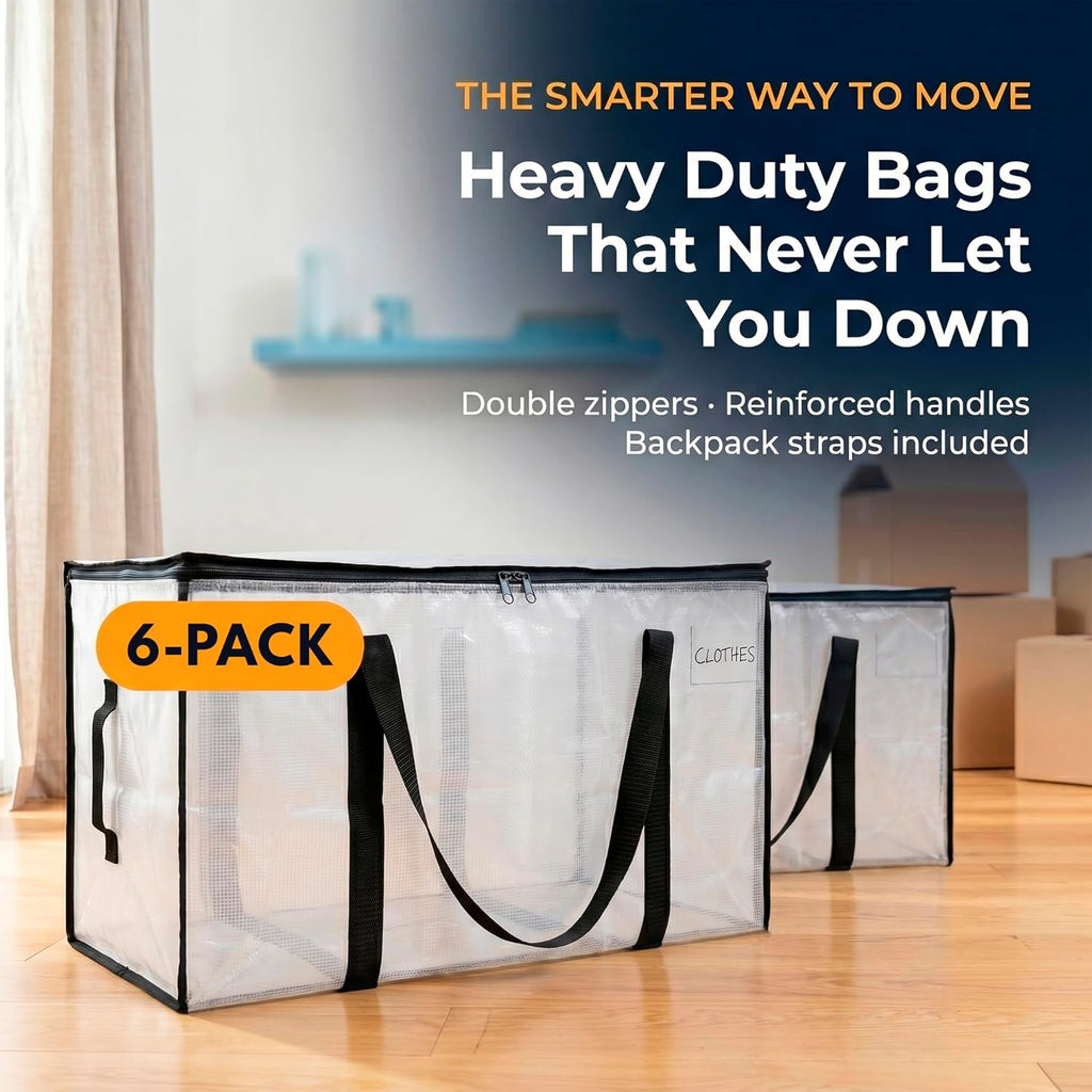 Heavy Duty Moving Bags - Water Resistant Storage Bags with Backpack Straps, Zippers and Handles - Large Moving Boxes for College Dorm, Travel, Closet Organization - 6 Pack, Clear