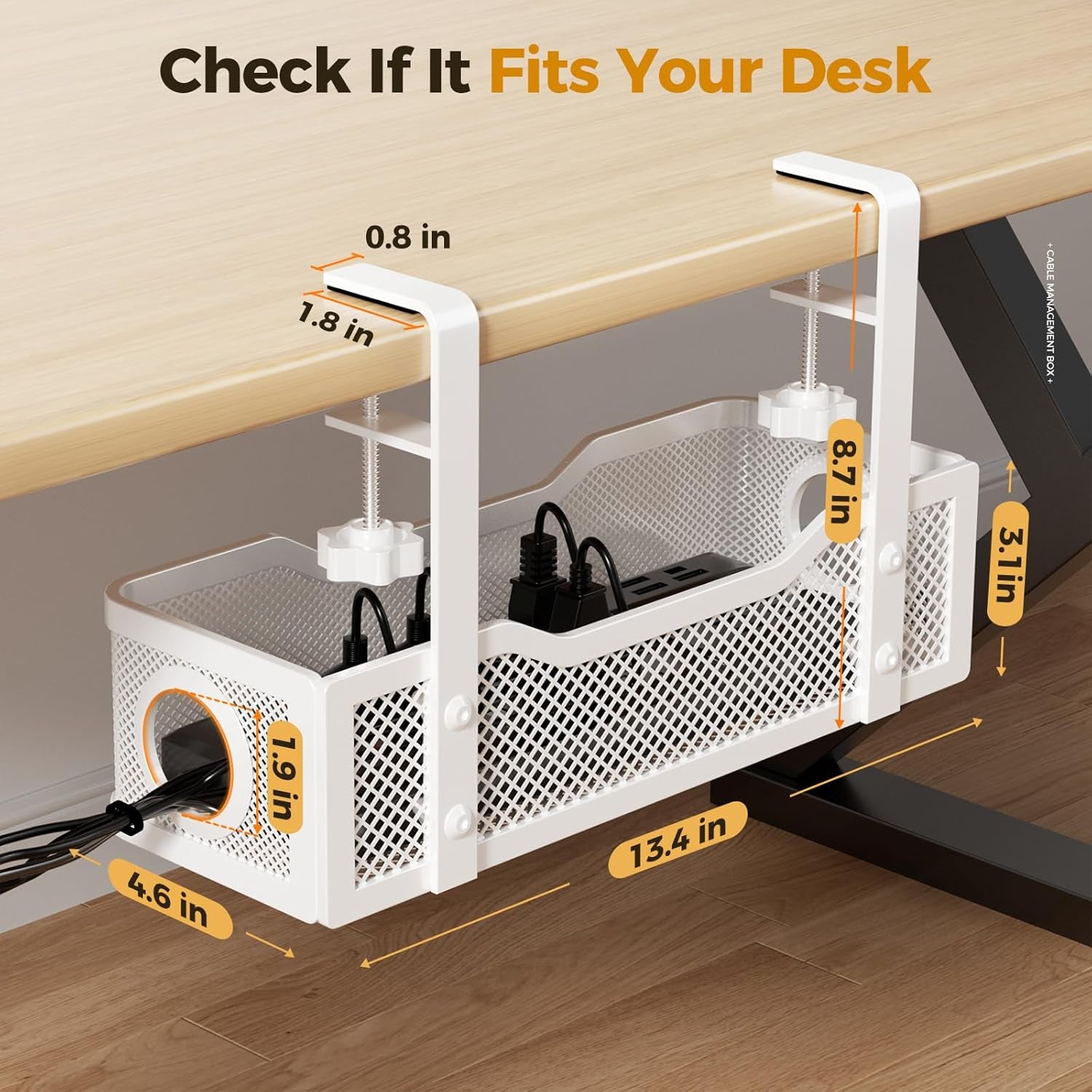 2 Pack under Desk Cable Management Box White,  26.8" Wire Organizers No Drill, Cord Organization Tray with Clamp for Office, Home - No Damage to Desk