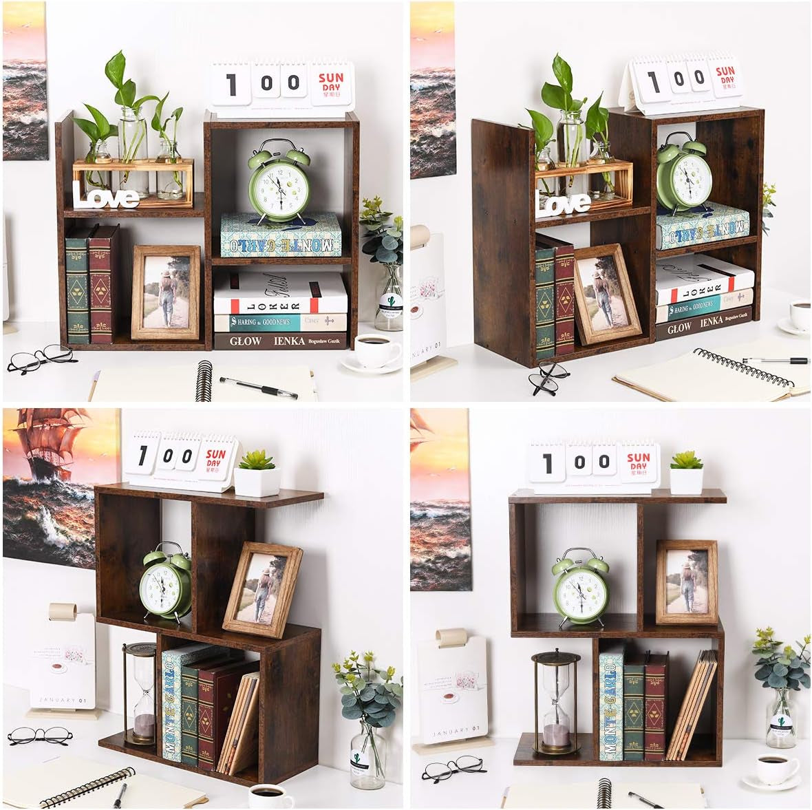 -Mass Desktop Bookshelf Freestanding Wooden Countertop Bookcase Accessories Organizer Display Rack Dorm Desk Storage Shelf