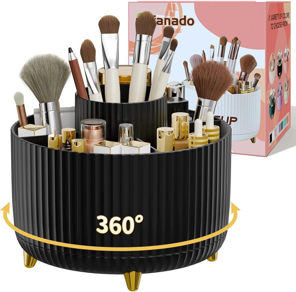 360° Rotate Makeup Brush Holder Organizer, Makeup Organizers Countertop, Makeup Organization and Skincare Storage with Gift Box Packing for Vanity, Desktop, Bathroom (Black)