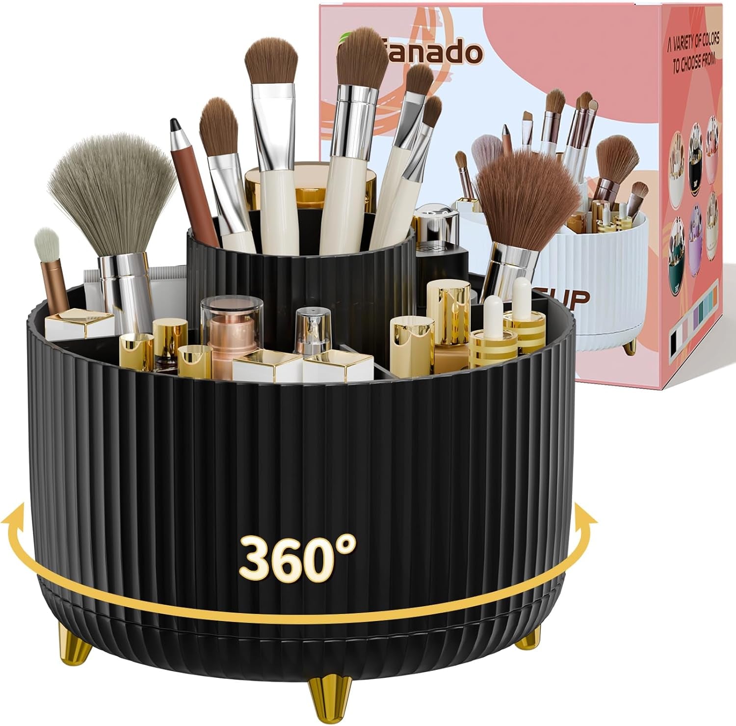 360° Rotate Makeup Brush Holder Organizer, Makeup Organizers Countertop, Makeup Organization and Skincare Storage with Gift Box Packing for Vanity, Desktop, Bathroom (Black)