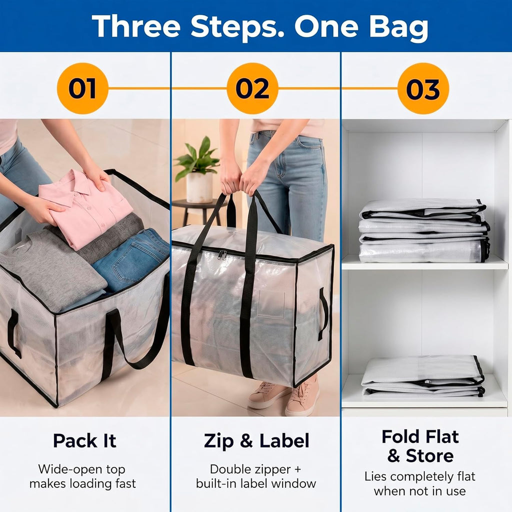 Heavy Duty Moving Bags - Water Resistant Storage Bags with Backpack Straps, Zippers and Handles - Large Moving Boxes for College Dorm, Travel, Closet Organization - 6 Pack, Clear